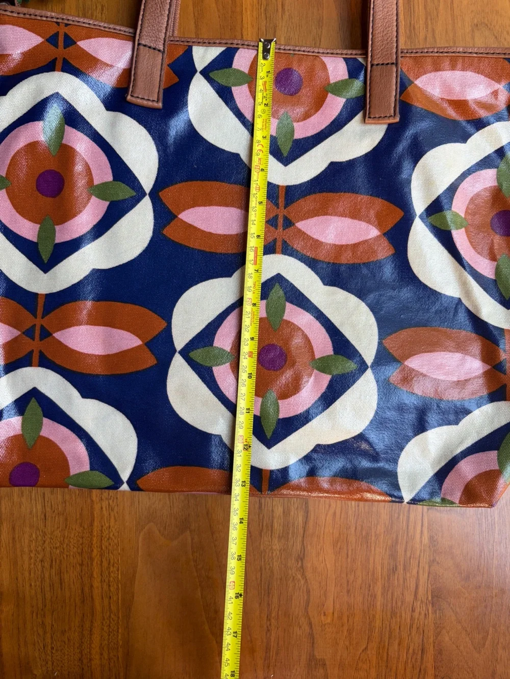 Fossil Key-Per Coated Canvas Tote Bag Navy Floral Geometric Print